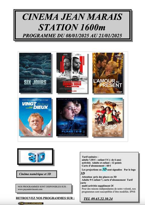 Programme du cinéma Jean Marais à Puy Saint Vincent 1600. Valable du 08.01.2025 au 21.01.2025